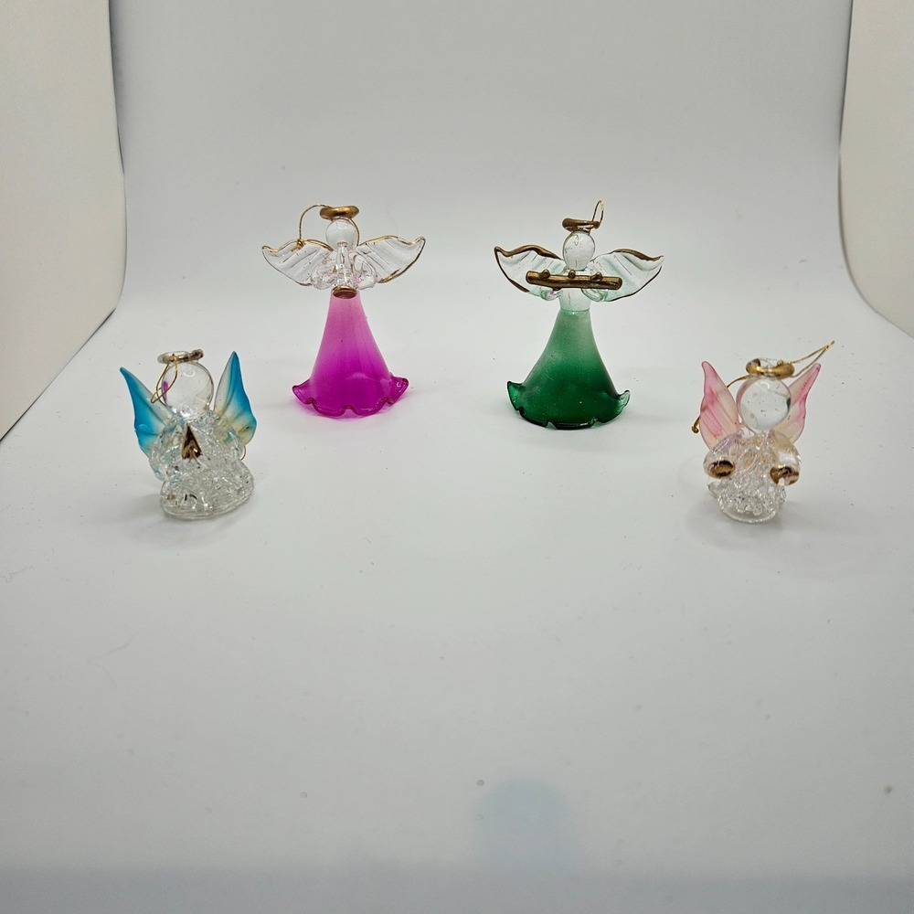 Vintage Set of 4 Hand Blown Glass Angel‎ Ornaments – Multicolor Mini Figurines